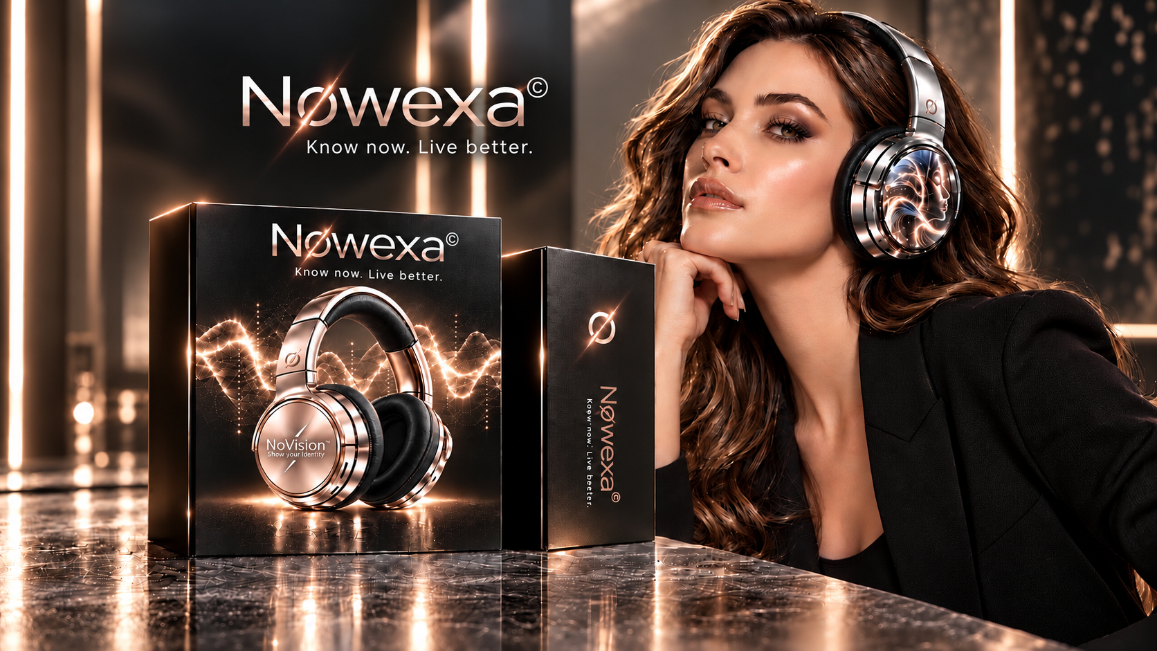 Woman wearing Nøwexa© headphones beside Nøwexa© product packaging